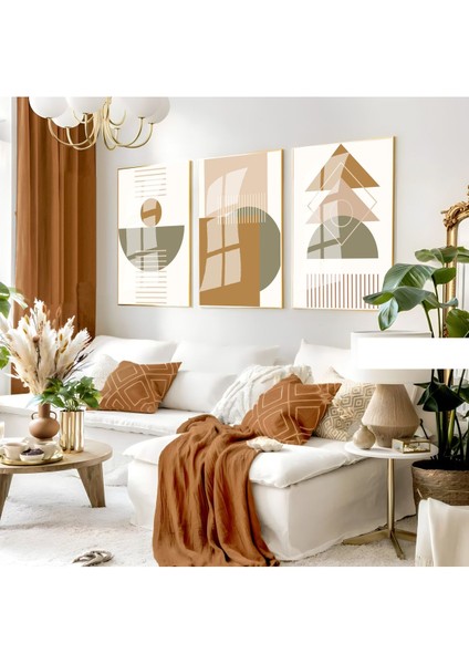 soft Tonlar Soyut Geometrik Seti |çerçeveli Cam Tablo 3lü Dikey