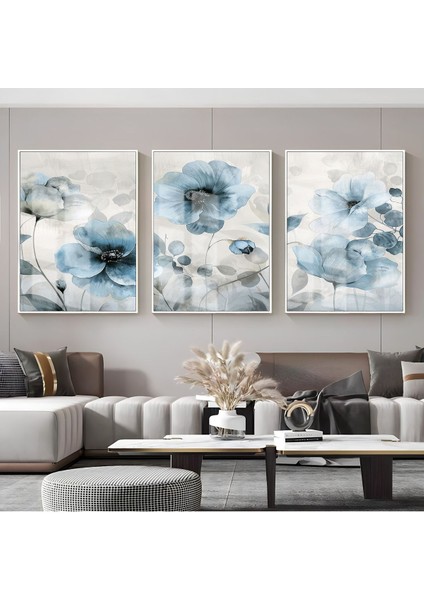 soft Mavi Çiçekli Kombini |çerçeveli Cam Tablo 3lü Dikey