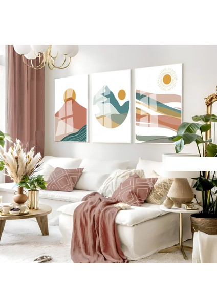 soft Pembe-Mavi Bohem Kombini|çerçeveli Cam Tablo 3lü Dikey