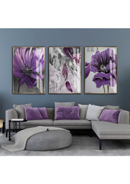 gri-Mor Çiçek Tüy Kombini |çerçeveli Cam Tablo 3lü Dikey
