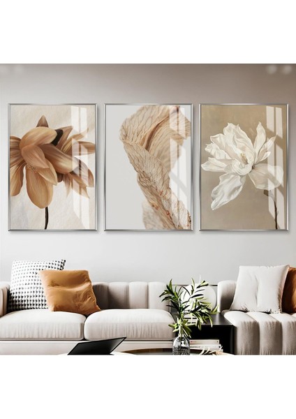 soft Turuncu-Beyaz-Krem Çiçekli Kombini 01|çerçeveli Cam Tablo 3lü Dikey