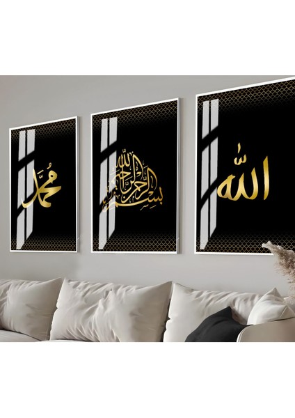 gold Allah-Besmele-Muhammed Islami Kombin |çerçeveli Cam Tablo 3lü Dikey