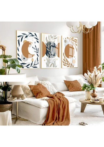 beyaz-Turuncu Yapraklı Minimalist Bohem Seti |çerçeveli Cam Tablo 3lü Dikey