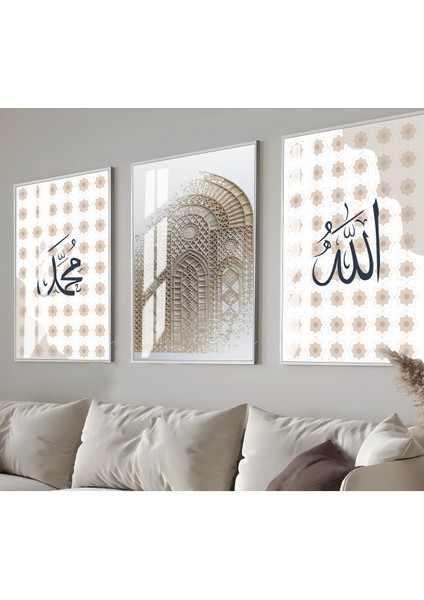 soft Bej-Gri-Krem Allah-Muhammed Islami Kombini |çerçeveli Cam Tablo 3lü Dikey
