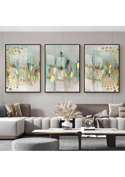 gold-Turkuaz Soyut Desenli Kombini|çerçeveli Cam Tablo 3lü Dikey