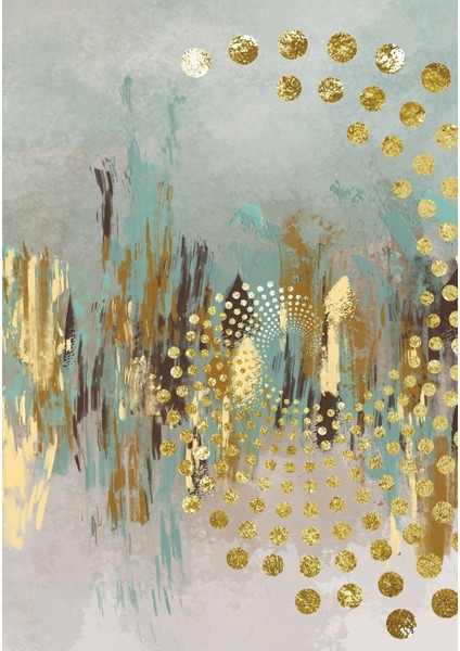 gold-Turkuaz Soyut Desenli Kombini|çerçeveli Cam Tablo 3lü Dikey fırsatları