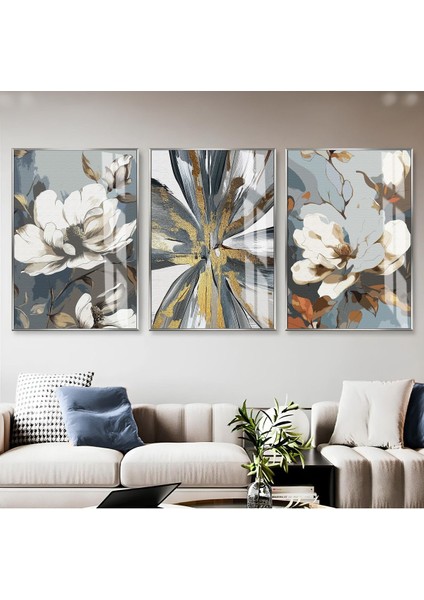 soft Gold-Beyaz-Gri Çiçek Desenli Kombini|çerçeveli Cam Tablo 3lü Dikey