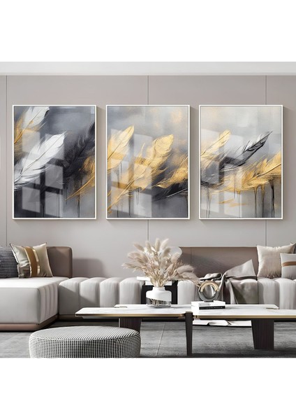 gri-Siyah-Gold Soyut Tüy Desen Kombini |çerçeveli Cam Tablo 3lü Dikey