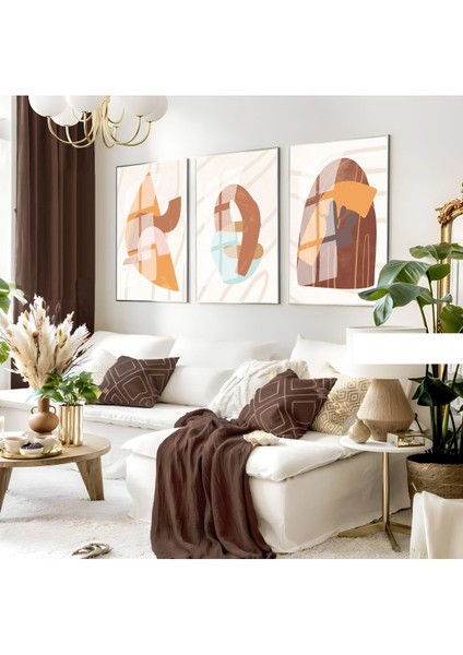turuncu-Kahve Soyut Bohem Kombin|çerçeveli Cam Tablo 3lü Dikey