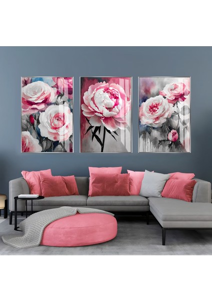 pembe-Gri Çiçekler Kombini|çerçeveli Cam Tablo 3lü Dikey