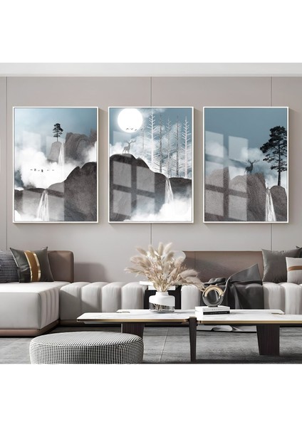 soft Gri-Mavi Şelale Dağ Manzara Kombini |çerçeveli Cam Tablo 3lü Dikey