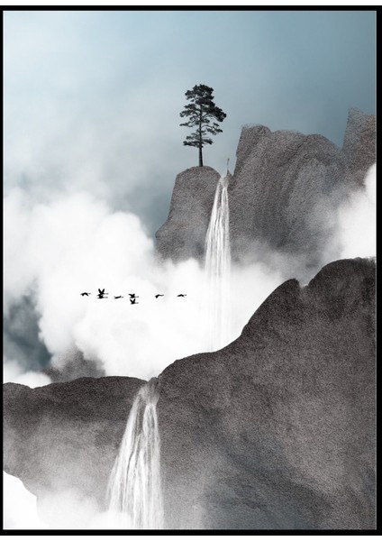 soft Gri-Mavi Şelale Dağ Manzara Kombini |çerçeveli Cam Tablo 3lü Dikey fiyatları