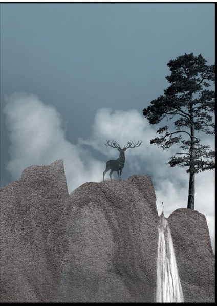 soft Gri-Mavi Şelale Dağ Manzara Kombini |çerçeveli Cam Tablo 3lü Dikey modelleri