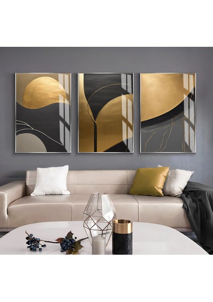 siyah-Gold Soyut Kombini |çerçeveli Cam Tablo 3lü Dikey