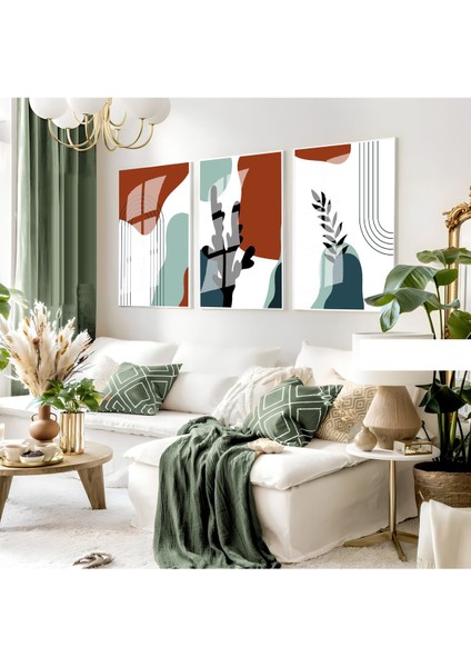 kahverengi-Turkuaz Bohem Yaprak Seti |çerçeveli Cam Tablo 3lü Dikey