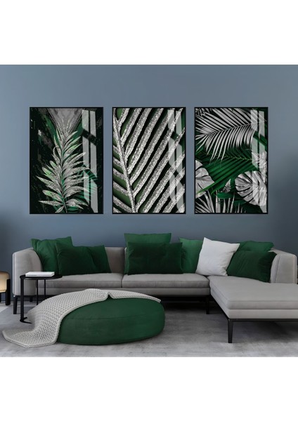 gümüş-Yeşil Yaprak Kombini|çerçeveli Cam Tablo 3lü Dikey