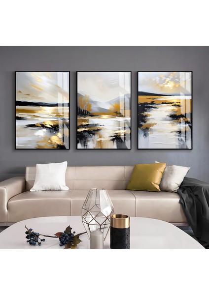 gri-God-Siyah Göl Manzara Kombini |çerçeveli Cam Tablo 3lü Dikey