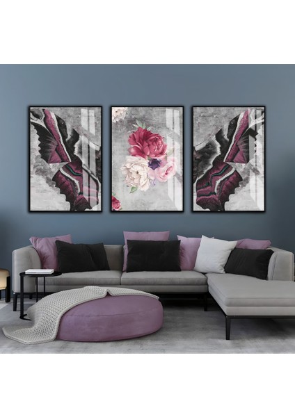 gri-Mürdüm Çiçek Kanat Kombini |çerçeveli Cam Tablo 3lü Dikey