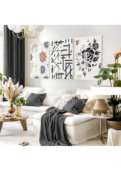 gri-Siyah Soyut Çiçekli Seti |çerçeveli Cam Tablo 3lü Dikey
