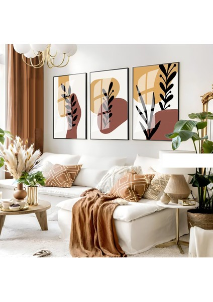 soft Sarı-Kahve Minimalist Yapraklı Set 04 |çerçeveli Cam Tablo 3lü Dikey