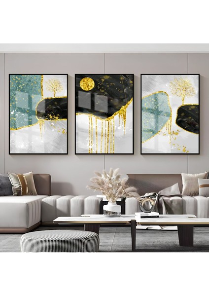 su Yeşili-Gold-Siyah Ağaç Desenli Kombin |çerçeveli Cam Tablo 3lü Dikey