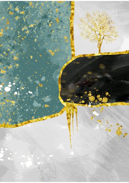 su Yeşili-Gold-Siyah Ağaç Desenli Kombin |çerçeveli Cam Tablo 3lü Dikey fırsatları