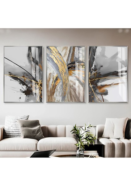 gri-Siyah-Gold Soyut Desen Kombini |çerçeveli Cam Tablo 3lü Dikey