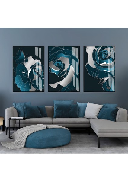 gümüş-Turkuaz Gül Kombini |çerçeveli Cam Tablo 3lü Dikey