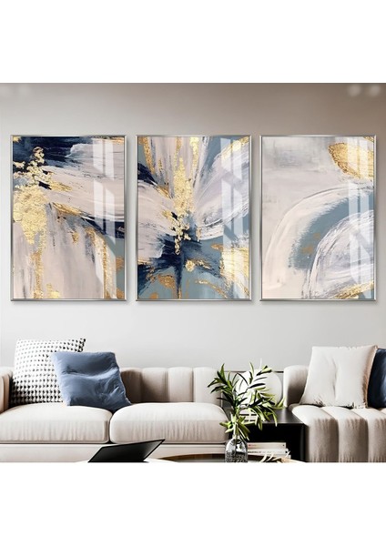 soft Mavi-Gold Soyut Çiçek Kombini |çerçeveli Cam Tablo 3lü Dikey