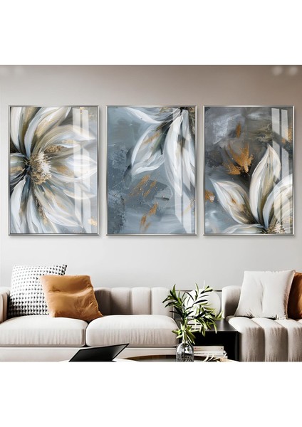 gri-Gold Çiçek Detayları Kombini 01 |çerçeveli Cam Tablo 3lü Dikey