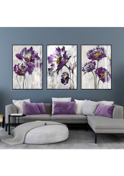 gri-Mor Çiçekli Kombin Seti |çerçeveli Cam Tablo 3lü Dikey