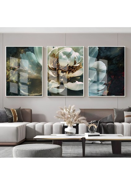 lacivert-Beyaz Çiçek Desenli Kombin |çerçeveli Cam Tablo 3lü Dikey