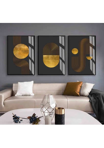 gold-Siyah Soyut Bohem Kombini|çerçeveli Cam Tablo 3lü Dikey