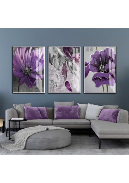 gri-Mor Çiçek Tüy Kombini |çerçeveli Cam Tablo 3lü Dikey