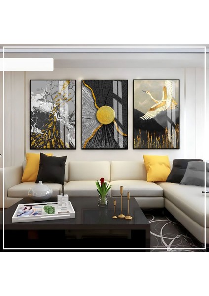 |siyah-Gri-Gold Kuş Balık Desen Soyut Set |çerçeveli Cam Tablo 3lü Dikey