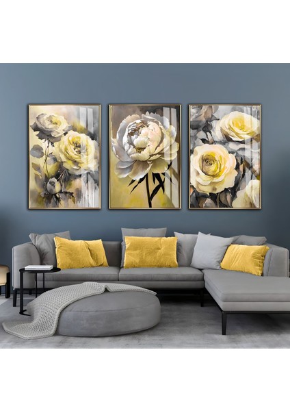sarı-Gri Çiçekler Kombini|çerçeveli Cam Tablo 3lü Dikey