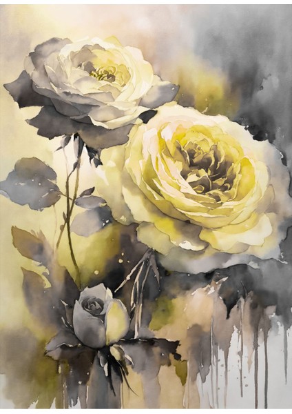 sarı-Gri Çiçekler Kombini|çerçeveli Cam Tablo 3lü Dikey fiyatları