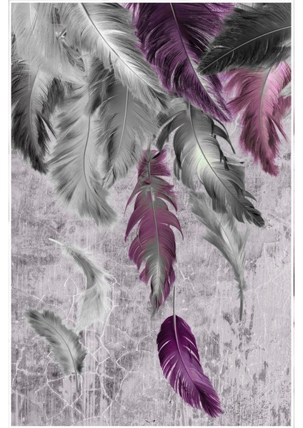 gri-Mor Çiçek Tüy Kombini |çerçeveli Cam Tablo 3lü Dikey modelleri