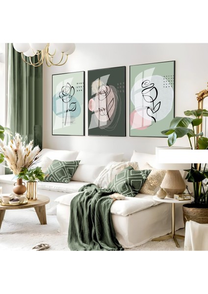 yeşil Tonlar Minimalist Gül Çizimli Set|çerçeveli Cam Tablo 3lü Dikey
