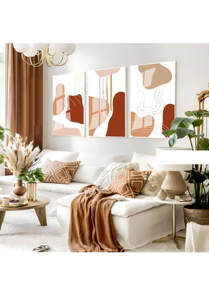 kahverengi Tonlar Bohem Soyut Seti |çerçeveli Cam Tablo 3lü Dikey
