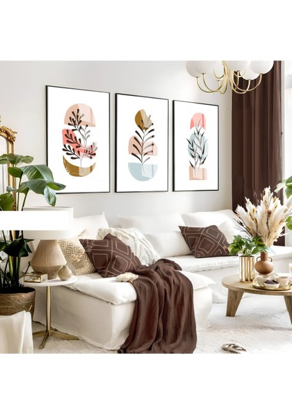 soft Pembe-Mavi Yapraklı Minimalist Bohem Seti |çerçeveli Cam Tablo 3lü Dikey