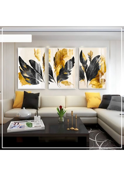 |siyah-Gold Soyut Yaprak Seti 01 |çerçeveli Cam Tablo 3lü Dikey