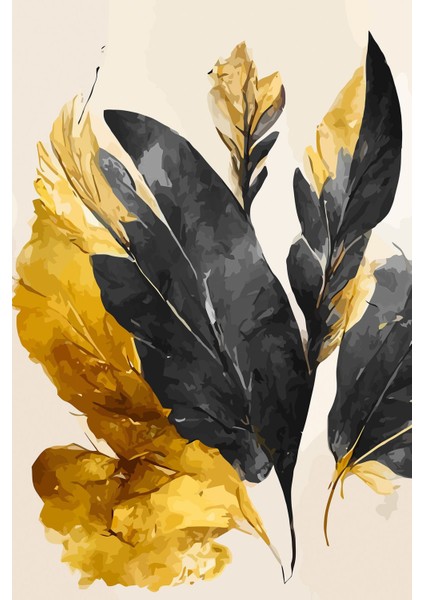 |siyah-Gold Soyut Yaprak Seti 01 |çerçeveli Cam Tablo 3lü Dikey fiyatları