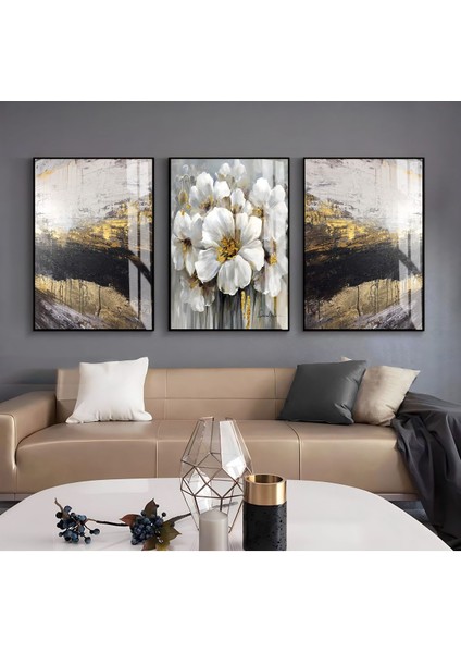 antrasit-Gold Renk Sevilen Çiçek Soyut Kombin |çerçeveli Cam Tablo 3lü Dikey