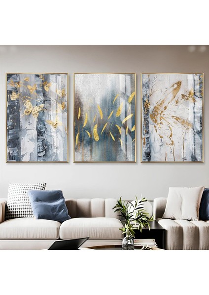 soft Mavi-Gold Yaprak Ağaç Detaylı Kombini|çerçeveli Cam Tablo 3lü Dikey