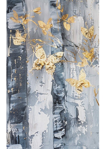 soft Mavi-Gold Yaprak Ağaç Detaylı Kombini|çerçeveli Cam Tablo 3lü Dikey modelleri