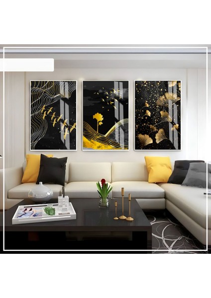 siyah-Gold Renk Soyut Kuş-Ağaç Seti 01 |çerçeveli Cam Tablo 3lü Dikey