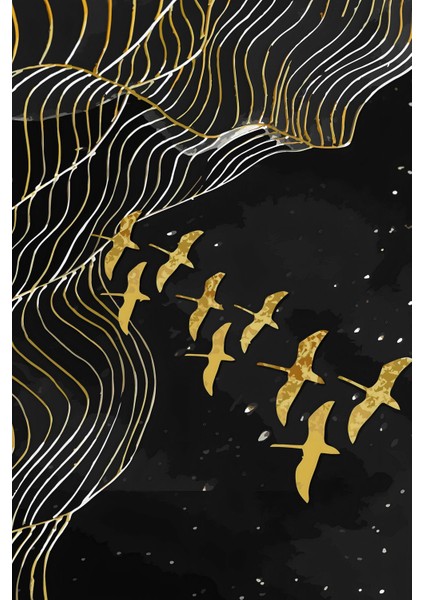 siyah-Gold Renk Soyut Kuş-Ağaç Seti 01 |çerçeveli Cam Tablo 3lü Dikey modelleri