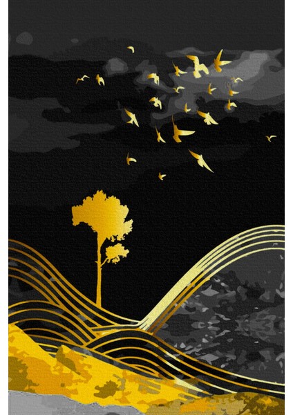 siyah-Gold Renk Soyut Kuş-Ağaç Seti 01 |çerçeveli Cam Tablo 3lü Dikey fırsatları