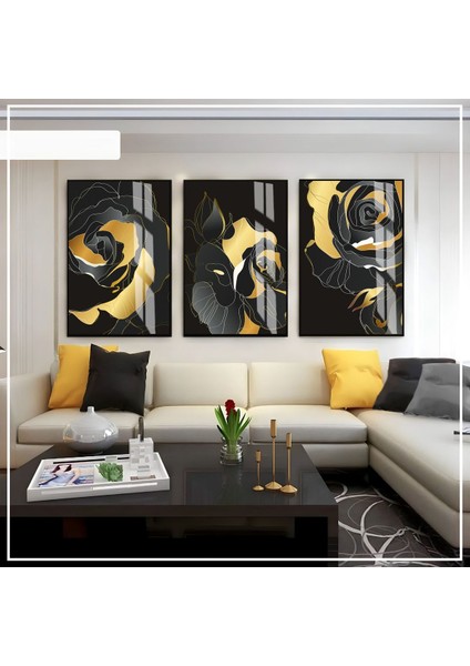 siyah-Gold Soft Renk Soyut Gül Seti 02 |çerçeveli Cam Tablo 3lü Dikey